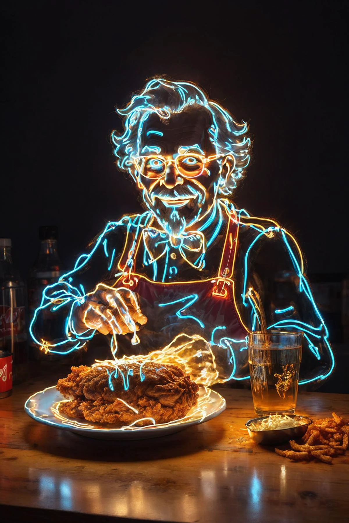 amazing quality, masterpiece, best quality, hyper detailed,
light painting of Grandpa KFC,
dazzling ,transparent ,polishing,
<lora:add-detail-xl:0.75>,
<lora:EnvyBetterHiresFixXL01:1.0>,
<lora:extremely_detailed:0.6>, extremely detailed,
<lora:Aether_Light_SDXL_LoRA:1>,
<lora:envyStarlight_v10:1>,