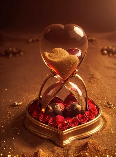 cinematic photo , realistic, best quality, masterpiece, <lora:quiron_valentinesDay_v1_lora:0.87> ValentinesDayQuiron, flower field, gift box, heart, red flower, red theme, still life, valentinesday, valentines day style, love, colorfull, (hourglass filled with tiny skulls and golden sand), epic fantasy, illustration digital painting, red misty smoke atmosphere, wide-angle shot, shallow depth of field highly detailed,vibrant intricate details, 8k quality resolution uhd,, fog, lighting, shiny, . 35mm photograph, film, bokeh, professional, 4k, highly detailed