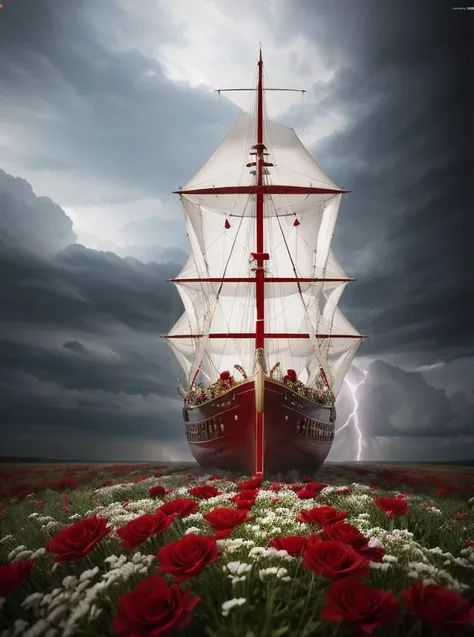 breathtaking , realistic, best quality, masterpiece, <lora:quiron_valentinesDay_v1_lora:0.87> ValentinesDayQuiron, flower field, gift box, heart, red flower, red theme, still life, valentinesday, valentines day style, love, colorfull, A 3D rendering of a Viking longship sailing through a storm, transformed into a dragon by oceanic spirits, dynamic rain and thunder effects, high contrast, 8K, ultra-detailed, lighting, shiny, . award-winning, professional, highly detailed