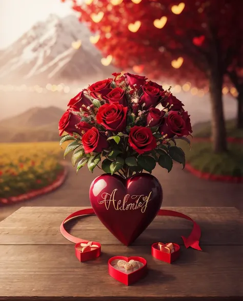 cinematic photo , realistic, best quality, masterpiece,  <lora:quiron_valentinesDay_v1_lora:0.87> ValentinesDayQuiron, autumn, box, flower, food, gradient background, heart, realistic, red flower, rose, tree, valentinesday, hearts theme, 
 valentines day style, love, colorfull, rogue fighting a dragon, mountains, detailed background, masterpiece, best quality, high quality, absurdres,, fog, lighting, shiny,  . 35mm photograph, film, bokeh, professional, 4k, highly detailed