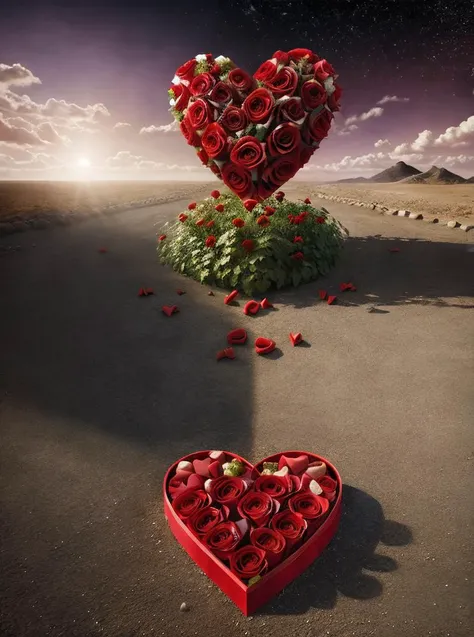 breathtaking , realistic, best quality, masterpiece, <lora:quiron_valentinesDay_v1_lora:0.87> ValentinesDayQuiron, autumn, box, flower, food, gradient background, heart, realistic, red flower, rose, tree, valentinesday, hearts theme,
valentines day style, love, colorfull, empty broken playground, socrealist style, brutalist postsoviet wasteland, regular building, impossible architecture, purple sky with lots of stars, masterpiece, depressing surrealism, total sun eclipse, 4k, Molchat Doma album cover style, abbandoned streets, only one building, surrounded by nuclear waste,, lighting, shiny, . award-winning, professional, highly detailed