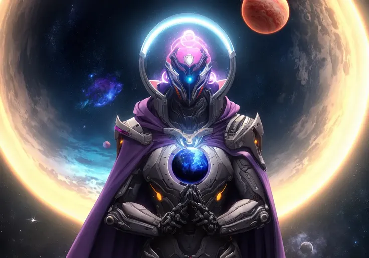 space background,monster,kohakugin warframe, mechanical, kohakugin purple cape, glowing circle behind head,planet, jupiter \(planet\),holding a space ball on hand,mechanical halo,, masterpiece, best quality,