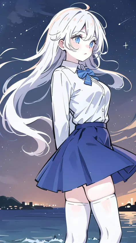 best quality, masterpiece, 1girl, solo, standing, arms behind back, from side, long hair, white hair, blue eyes, detailed eyes, peaceful, medium breasts, seaside, tides, midnight, starry sky, dark sky, starlight, milky way, city lights, collared shirt, long sleeves, blue bowtie, white shirt, blue skirt, white thighhighs, white shoes, <lora:crayons:0.4>