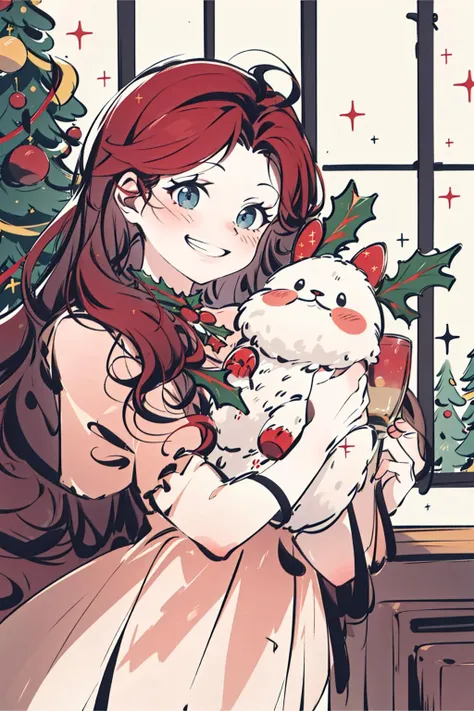 (best quality, masterpiece:1.2),<lora:crayons:0.6>,solo,christmas,grin,wavy hair,red hair,