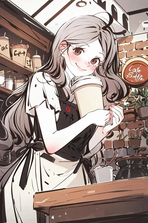 (best quality, masterpiece:1.2),<lora:crayons:0.8>,solo,silver hair,cafe,barista,seductive smile,brown hair,