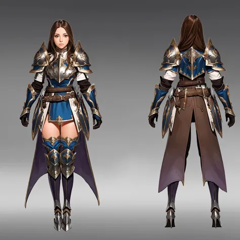 Multi-view, front view, rear view, concept art, character standing painting, 1girl, brown hair, armor, long hair, thighhighs, multiple views, boots, gradient, gauntlets, gradient background, high heels, belt, shoulder armor, reference sheet, standing, arms at sides, gloves, greaves, full body