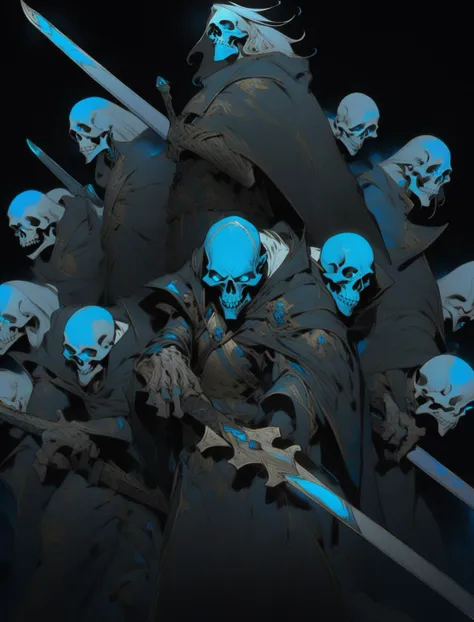 multiple boys, multiple others, male focus, skull, skeleton, blue eyes, gloves, long hair, holding weapon, standing, grey hair, sword, glowing blue eyes, armor, black background