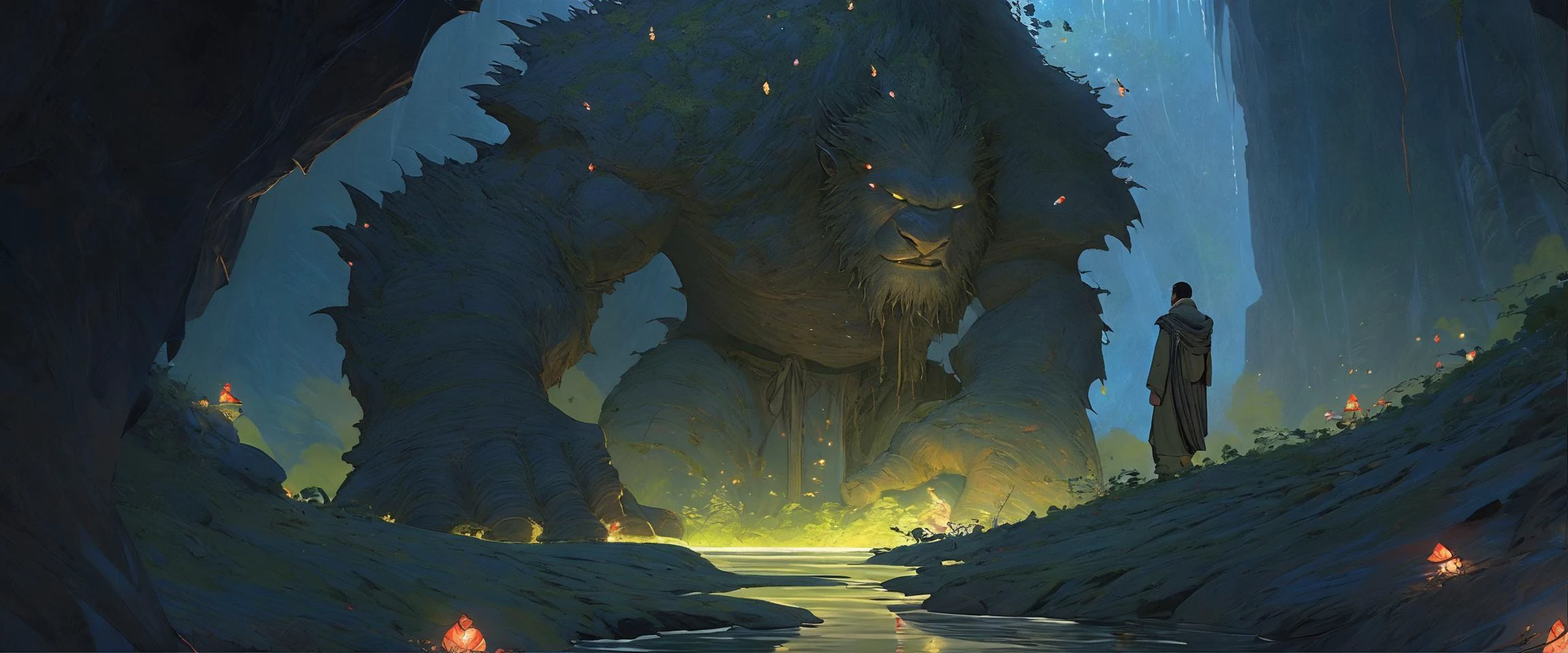 a man wearing fantasy clothing facing off against a large monster with fireflies floating around the cave, there is moss and vines on the cave walls, there is ancient ruins in the cave, fireflies, broken stone walls, dark fantasy setting,