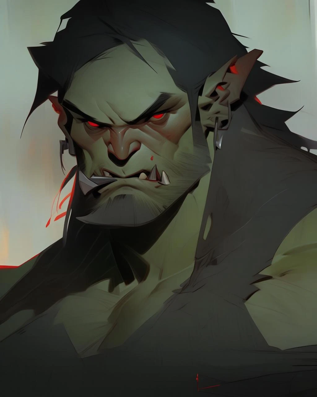 1boy, solo, male focus, facial hair, pointy ears, black hair, long hair, looking at viewer, red eyes, beard, orc, upper body