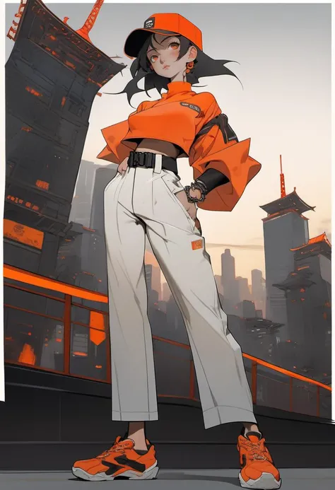 highly detailed, full-body illustration of a stylish anime girl, standing confidently with her left hand resting on her hip, right arm relaxed by her side, legs shoulder-width apart, slightly turned to the side, looking directly at the viewer with a cool and determined expression, wearing a white crop top, black cargo pants with orange accents, a stylish orange belt, black and orange sneakers, a white and black baseball cap slightly tilted, long flowing black hair, chain belt around the waist, black bracelet, detailed urban cityscape in the background, large rising sun with beams spreading across the sky, Tokyo Tower prominently visible, vibrant orange and black color scheme, minimalistic, sharp vector-style artwork, flat color palette, dynamic lighting
<lora:add-detail-xl:2>
