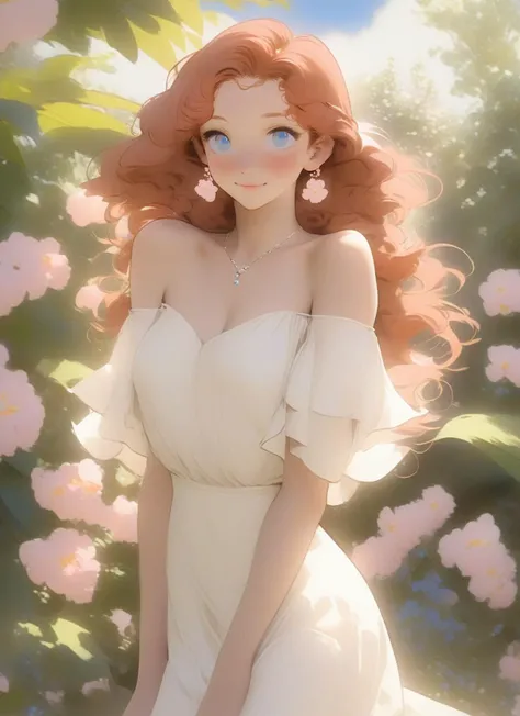 1girl, solo, dress, white dress, jewelry, petals, v arms, very long ginger hair, necklace, blue eyes, flower, breasts, parted lips, bare shoulders, lips, off shoulder, garden background, smile, curly hair, blush, puffy short sleeves, earrings, small breasts, pink flower, hair flower, off-shoulder dress, eyelashes, hair ornament, looking to the side, masterpiece, best quality,