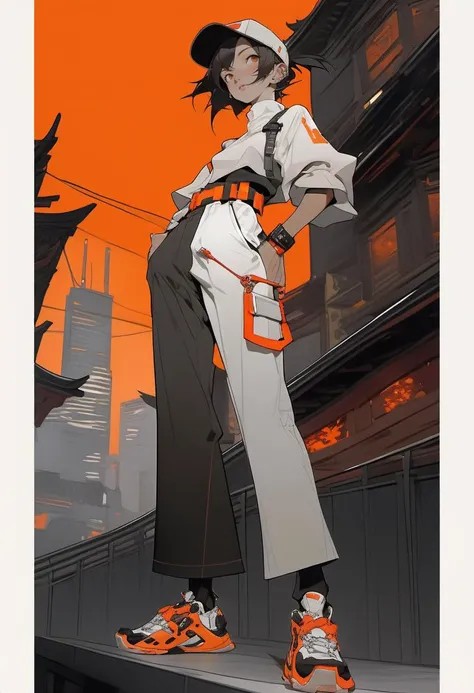 highly detailed, full-body illustration of a stylish anime girl, standing confidently with her left hand resting on her hip, right arm relaxed by her side, legs shoulder-width apart, slightly turned to the side, looking directly at the viewer with a cool and determined expression, wearing a white crop top, black cargo pants with orange accents, a stylish orange belt, black and orange sneakers, a white and black baseball cap slightly tilted, long flowing black hair, chain belt around the waist, black bracelet, detailed urban cityscape in the background, large rising sun with beams spreading across the sky, Tokyo Tower prominently visible, vibrant orange and black color scheme, minimalistic, sharp vector-style artwork, flat color palette, dynamic lighting
<lora:add-detail-xl:2>
