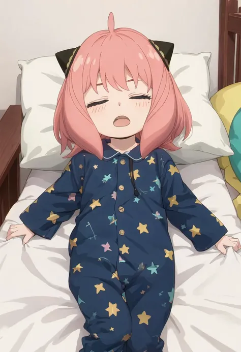 best quality, masterpiece, highres, solo, {anya_forger_spyxfamily:0.90}, female_child, nightcap, pajamas, star_print, 1girl, open_mouth, blanket, closed_eyes, closed_mouth, meme, pillow, under_covers