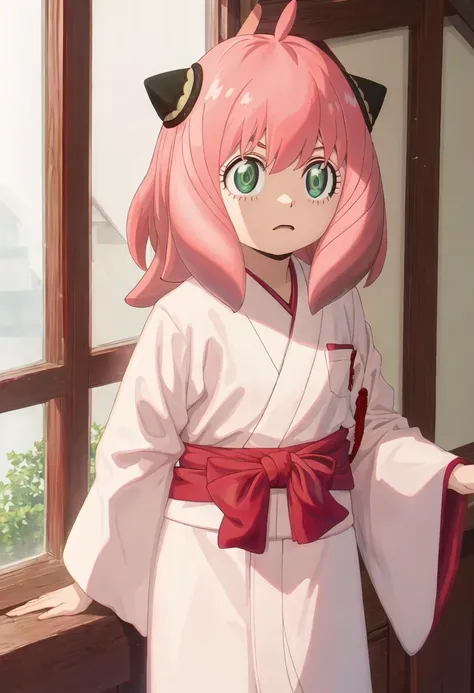 best quality, masterpiece, highres, solo, {anya_forger_spyxfamily:0.90}, {white kimono:1.35}, {red hakama:1.35}, {wide sleeves:1.20}