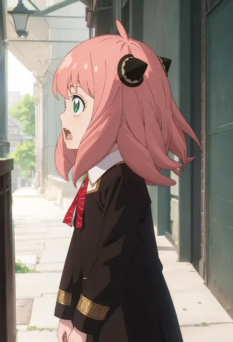 best quality, masterpiece, highres, solo, {anya_forger_spyxfamily:0.90}, 1girl, black_dress, eden_academy_school_uniform, female_child, medium_hair, long_sleeves, open_mouth, from_side, meme