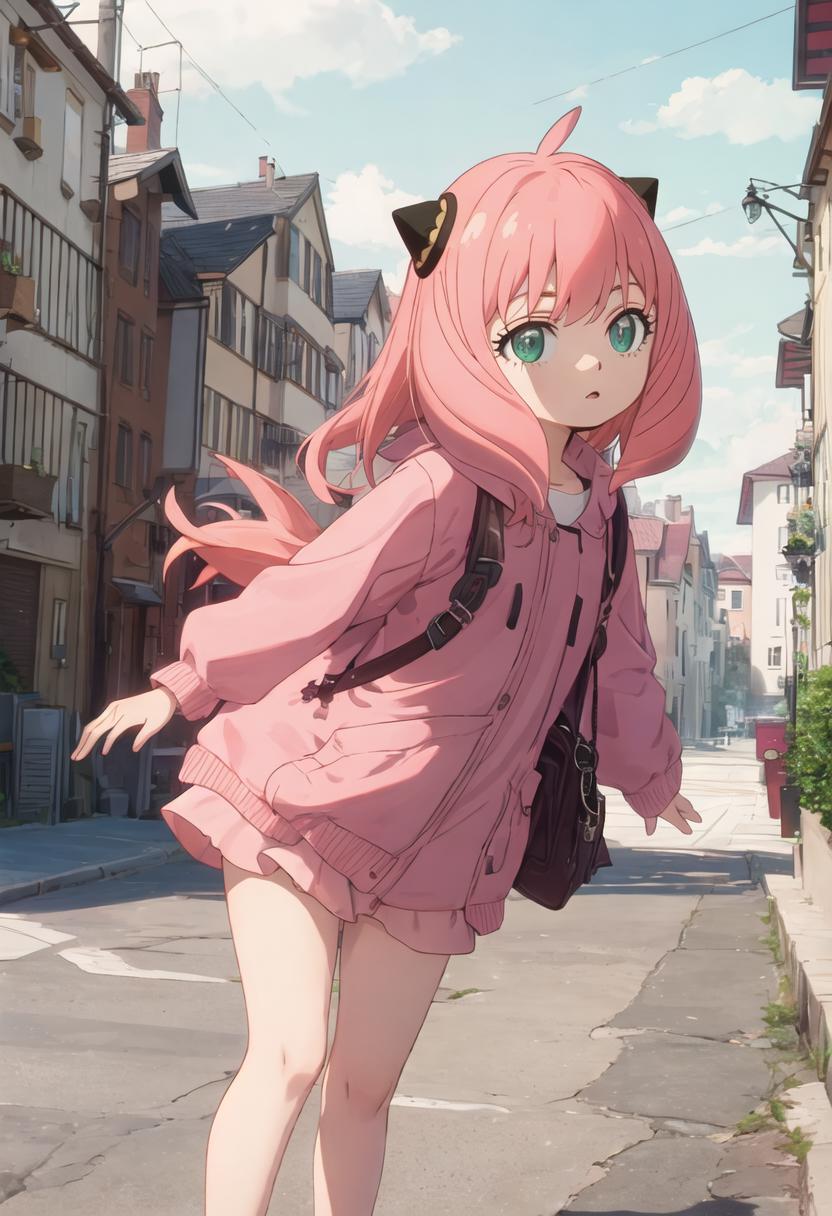 Anime girl in pink dress walking down a street with a backpack - SeaArt AI
