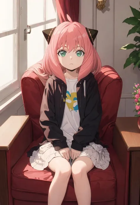 {safe:1.10}, best quality, masterpiece, highres, solo, {anya_forger_spyxfamily:0.90}, sitting, sitting on chair, chair, cowboy_shot, looking at viewer