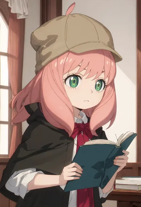 best quality, masterpiece, highres, solo, {anya_forger_spyxfamily:0.90}, 1girl, female_child, detective, indoors, deerstalker, closed_mouth, upper_body, capelet, holding_book