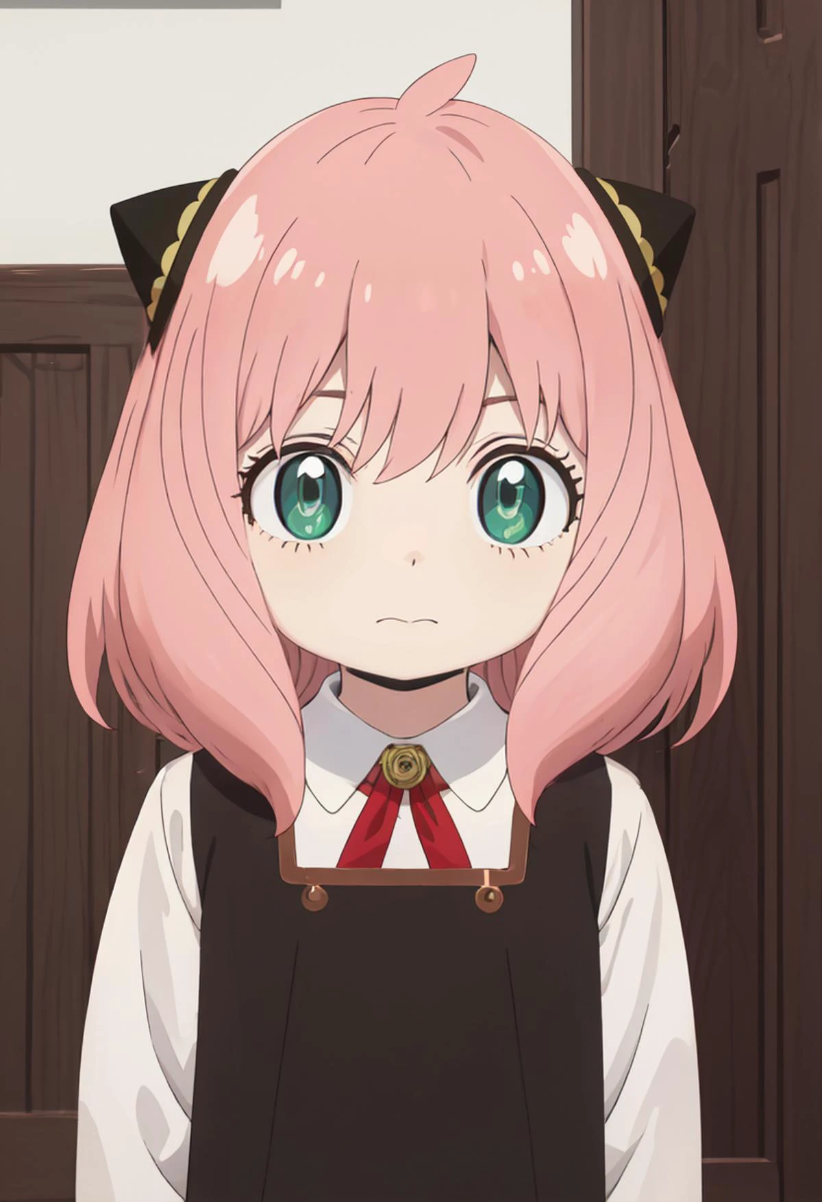 best quality, masterpiece, highres, solo, (anya_forger_spyxfamily:1.10), 1girl, collared shirt, eden academy school uniform, hairpods, meme, white shirt, looking at viewer, black dress, closed mouth, indoors, upper body, anime_style, 2 <lora:anya_forger_spyxfamily:0.80>