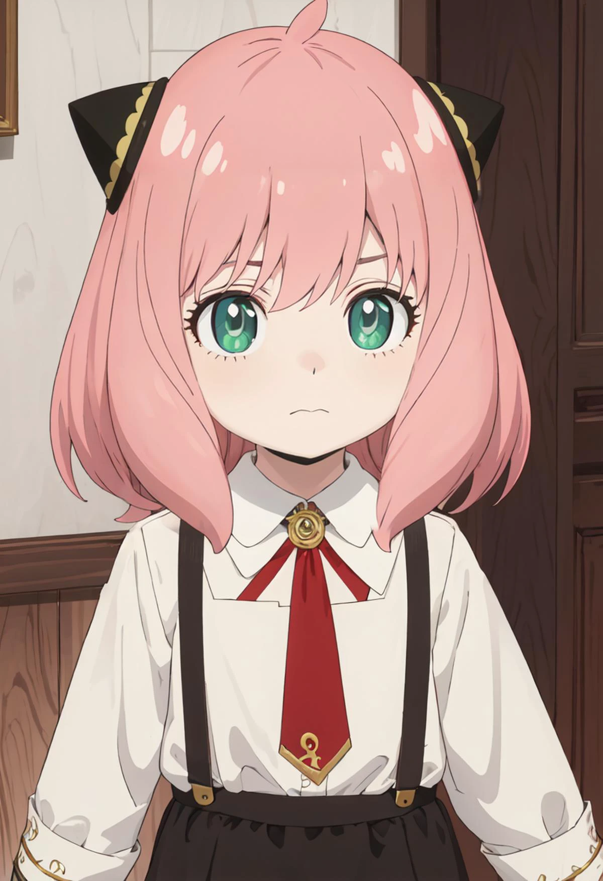 best quality, masterpiece, highres, solo, (anya_forger_spyxfamily:1.10), 1girl, collared shirt, eden academy school uniform, hairpods, meme, white shirt, looking at viewer, black dress, closed mouth, indoors, upper body, anime_style, 1 <lora:anya_forger_spyxfamily:0.80>