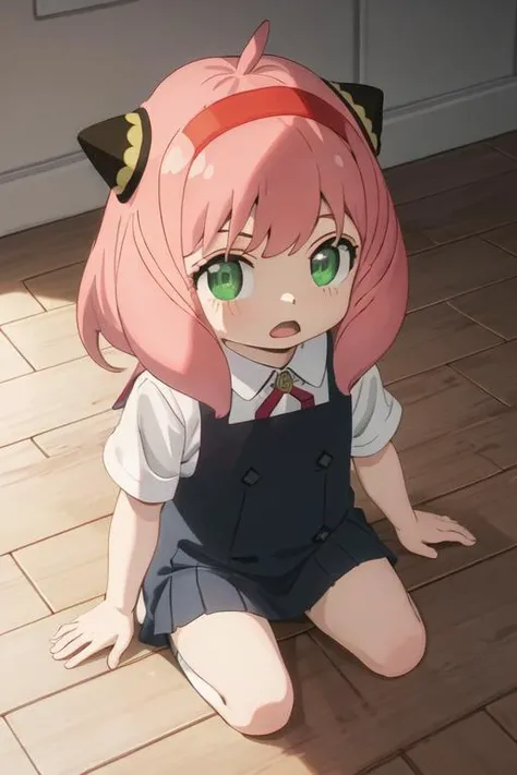 best quality, masterpiece, highres, solo, {anya_forger_spyxfamily:1.15}, pink_hair, female_child, child, green_eyes, open_mouth, bangs, hairband, lying, on_stomach, wooden_floor, 1girl, red_hairband, ahoge, school_uniform, solo_focus