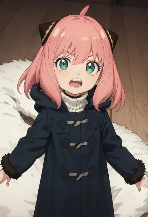 best quality, masterpiece, highres, solo, (anya_forger_spyxfamily:1.10), 1girl, child, coat, hairpods, meme, long sleeves, fur trim, open mouth, upper body, looking at viewer, teeth, anime_style, 15 <lora:anya_forger_spyxfamily:0.80>