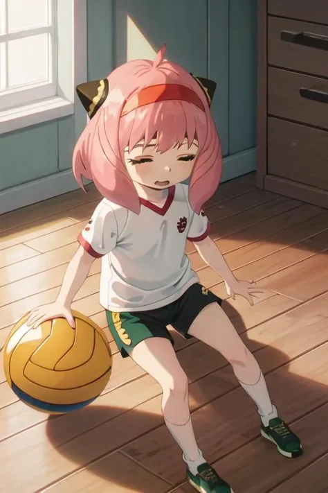 best quality, masterpiece, highres, solo, {anya_forger_spyxfamily:1.15}, pink_hair, female_child, child, green_eyes, open_mouth, bangs, hairband, shirt, 1girl, black_shorts, closed_eyes, red_headband, shorts, white_shirt, closed_mouth, gym_uniform, hairpods, headband, red_hairband, wooden_floor, ball, holding, socks, volleyball