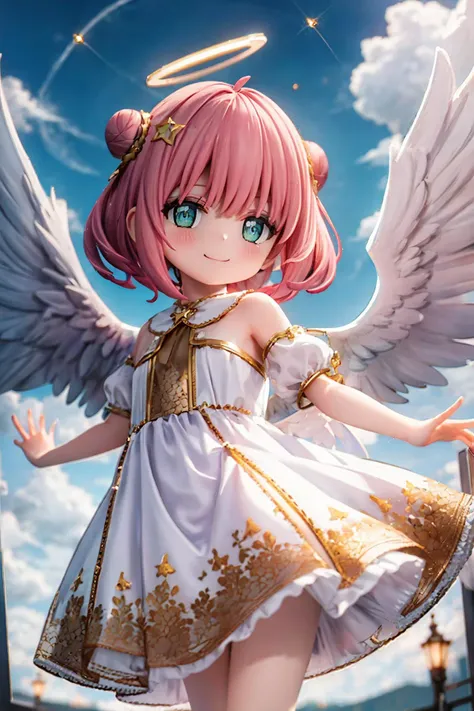 masterpiece, ultra detailed background, delicate pattern, intricate detail, highly detailed, fine details, best quality, studio lighting, front lighting, 4K, 8K,
1girl, child, angel, short hair, angel wings, bangs, double bun, full body, glint, halo, rainbow, star sky, solo, sparkle, sparkler, sparkling eyes, white wings, an angel with a halo above her head, pure white dress, warm smile,
bright environment, (heaven:1.3), clouds,
face to camera, cowboy shot,
<lora:anya_forger_spyxfamily:0.8>,
<lora:detail_slider_v4:1>,
<lora:more_details:0.2>,