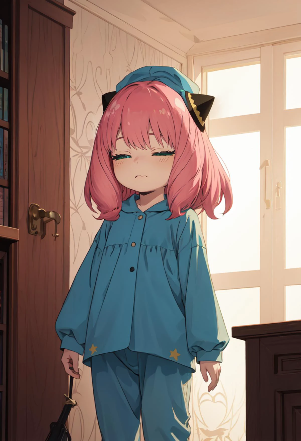 best quality, masterpiece, highres, solo, (anya_forger_spyxfamily:1.10), 1girl, indoors, blue pajamas, long sleeves, nightcap, star print, closed eyes, blue headwear, closed mouth, hairpods, standing, wavy mouth, anime_style, 21 <lora:anya_forger_spyxfamily:0.80>