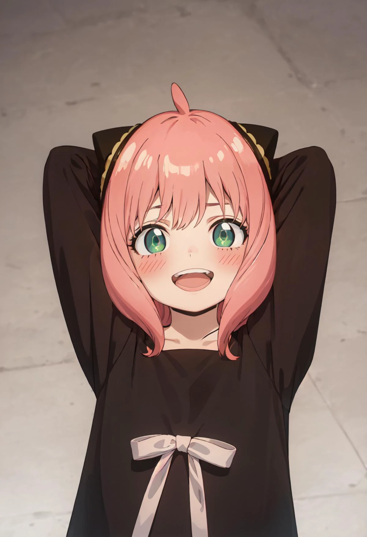 best quality, masterpiece, highres, solo, (anya_forger_spyxfamily:1.10), , hairpods, open mouth, 1girl, :d, black dress, upper teeth only, looking at viewer, upper body, blush, arms up, anime_style, 10 <lora:anya_forger_spyxfamily:0.80>