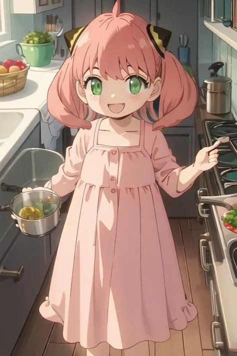 best quality, masterpiece, highres, solo, {anya_forger_spyxfamily:1.15}, pink_hair, female_child, child, green_eyes, open_mouth, bangs, 1girl, holding, indoors, smile, hair_bun, kitchen, twintails, :d, ahoge, dress