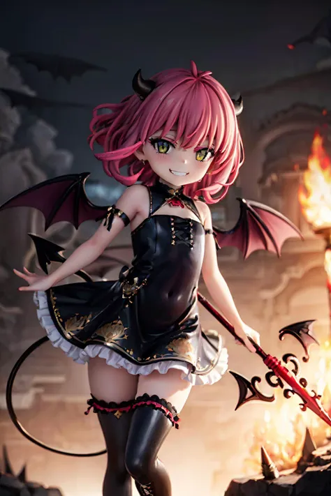 masterpiece, ultra detailed background, delicate pattern, intricate detail, highly detailed, fine details, best quality, studio lighting, front lighting, 4K, 8K,
1girl, child, bat wings, pure black dress, knee high dress, form-fitting dress, black footwear, boots, demon girl, (demon eyes:1.3), (demon horns:1.3), (sharp horns:1.3), (long horns:1.2), demon tail, demon wings, trident, (holding a trident:1.3), short hair, pink hair,
evil grin, sinister smile, closed lips, closed mouth, evil grin, solo, trident, wings, (sleeveless:1.1),
devilish hair, devilish tail, (dark environment:1.3), hell, burning, lean forward, covered shoulder,
cowboy shot, floating,
<lora:anya_forger_spyxfamily:0.8>,
<lora:more_details:0.2>,
<lora:ttchibi:0.01>,