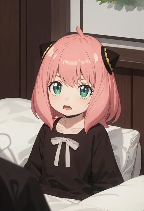 best quality, masterpiece, highres, solo, (anya_forger_spyxfamily:1.10), 1girl, child, hairpods, meme, black dress, open mouth, collarbone, indoors, upper body, looking at viewer, ribbon, blurry, anime_style, 7 <lora:anya_forger_spyxfamily:0.80>