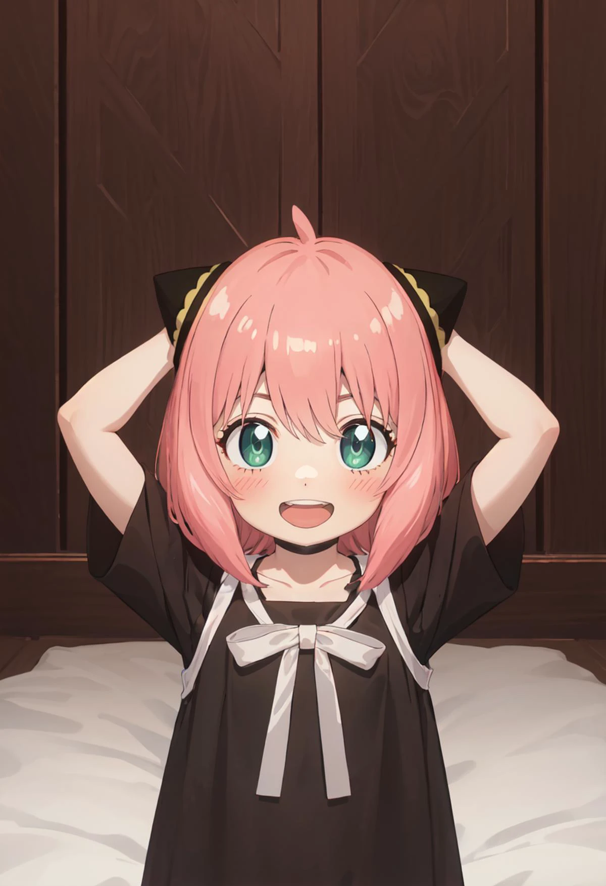 best quality, masterpiece, highres, solo, (anya_forger_spyxfamily:1.10), child, hairpods, open mouth, 1girl, :d, black dress, upper teeth only, looking at viewer, upper body, blush, arms up, anime_style, 9 <lora:anya_forger_spyxfamily:0.80>