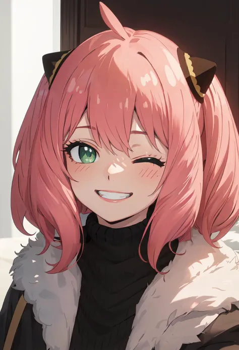 best quality, masterpiece, highres, solo, (anya_forger_spyxfamily:1.10), smile, happy, one eye closed, portrait, looking at viewer, anime_style, 48 <lora:anya_forger_spyxfamily:0.80>