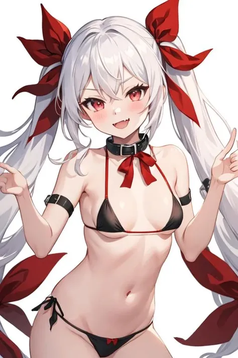best quality, masterpiece, highres, solo, {vampire_azurlane:1.15}, long_hair, red_eyes, twintails, hair_between_eyes, ribbon, white_hair, bangs, hair_ribbon, blush, smile, red_ribbon, breasts, small_breasts, fang, very_long_hair, hair_ornament, open_mouth, bikini, black_bikini, swimsuit, 1girl, bow, collar, detached_collar, looking_at_viewer, red_bow, white_collar, bare_shoulders, closed_mouth, fang_out, simple_background, white_background, bikini_top_only
