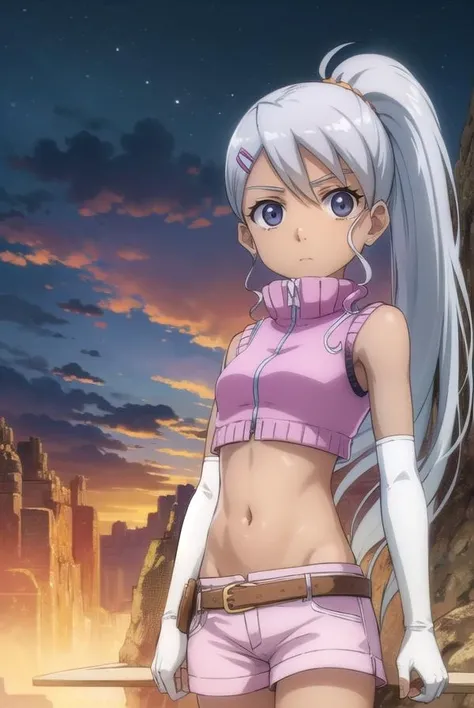 juliemakimoto, <lora:juliemakimoto-lora-nochekaiser:1>,
julie makimoto, long hair, hair ornament, ponytail, white hair, hairclip, dark skin, dark-skinned female, (grey eyes:1.5),
BREAK gloves, navel, jewelry, shorts, midriff, belt, fingerless gloves, crop top, pink shorts,
BREAK outdoors, nature, forest, cloud, sky, sun,
BREAK looking at viewer, (cowboy shot:1.5),
BREAK <lyco:GoodHands-beta2:1>, (masterpiece:1.2), best quality, high resolution, unity 8k wallpaper, (illustration:0.8), (beautiful detailed eyes:1.6), extremely detailed face, perfect lighting, extremely detailed CG, (perfect hands, perfect anatomy),