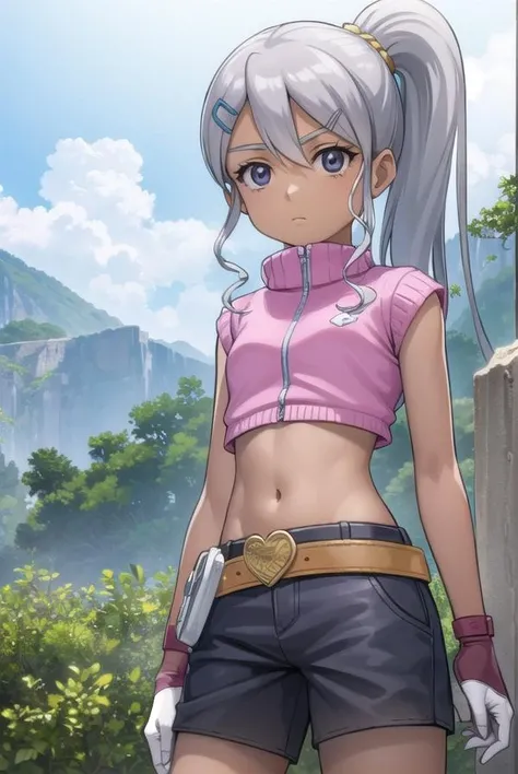 juliemakimoto, <lora:juliemakimoto-lora-nochekaiser:1>, 
julie makimoto, long hair, hair ornament, ponytail, white hair, hairclip, dark skin, dark-skinned female, (grey eyes:1.5),
BREAK gloves, navel, jewelry, shorts, midriff, belt, fingerless gloves, crop top, pink shorts,
BREAK outdoors, nature, forest, cloud, sky, sun,
BREAK looking at viewer, (cowboy shot:1.5),
BREAK <lyco:GoodHands-beta2:1>, (masterpiece:1.2), best quality, high resolution, unity 8k wallpaper, (illustration:0.8), (beautiful detailed eyes:1.6), extremely detailed face, perfect lighting, extremely detailed CG, (perfect hands, perfect anatomy),