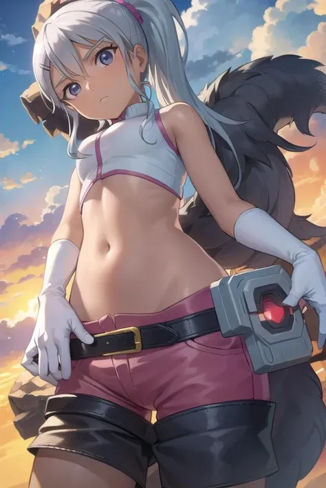 juliemakimoto, <lora:juliemakimoto-lora-nochekaiser:1>,
julie makimoto, long hair, hair ornament, ponytail, white hair, hairclip, dark skin, dark-skinned female, (grey eyes:1.5),
BREAK gloves, navel, jewelry, shorts, midriff, belt, fingerless gloves, crop top, pink shorts,
BREAK outdoors, nature, forest, cloud, sky, sun,
BREAK looking at viewer, (cowboy shot:1.5),
BREAK <lyco:GoodHands-beta2:1>, (masterpiece:1.2), best quality, high resolution, unity 8k wallpaper, (illustration:0.8), (beautiful detailed eyes:1.6), extremely detailed face, perfect lighting, extremely detailed CG, (perfect hands, perfect anatomy),