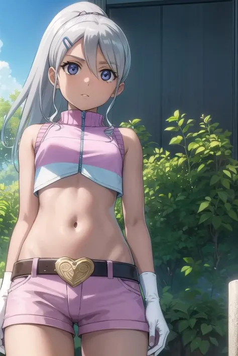 juliemakimoto, <lora:juliemakimoto-lora-nochekaiser:1>, 
julie makimoto, long hair, hair ornament, ponytail, white hair, hairclip, dark skin, dark-skinned female, (grey eyes:1.5),
BREAK gloves, navel, jewelry, shorts, midriff, belt, fingerless gloves, crop top, pink shorts,
BREAK outdoors, nature, forest, cloud, sky, sun,
BREAK looking at viewer, (cowboy shot:1.5),
BREAK <lyco:GoodHands-beta2:1>, (masterpiece:1.2), best quality, high resolution, unity 8k wallpaper, (illustration:0.8), (beautiful detailed eyes:1.6), extremely detailed face, perfect lighting, extremely detailed CG, (perfect hands, perfect anatomy),