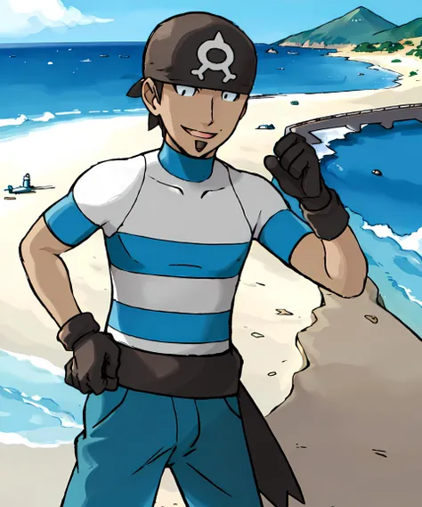 aqua_admin_matt, beach, sunny, looking to viewer, muscular, daytime, clear sky, necklace, gloves, standing up, sugimori ken \(style\) <lora:Matt-15:0.85> <lora:pokemon_v3_offset:1>