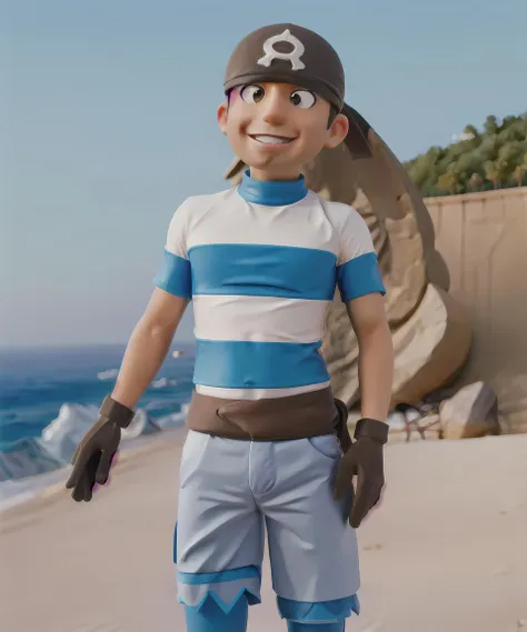 best quality, masterpiece, team_aqua_grunt_male, gloves, beach, smile <lora:Team_Aqua_Grunt_Male:0.85>  brown eyes