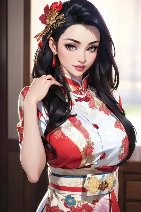 ((masterpiece,best quality,edgQuality)),(smile),standing,posing, dark hair,edgCG_woman,edgCG_face,edgCG_body, facing viewer, <lora:edgPorcelainDollLikeness:0.8> qipao,lipstick,hair ornament,portrait,face focus