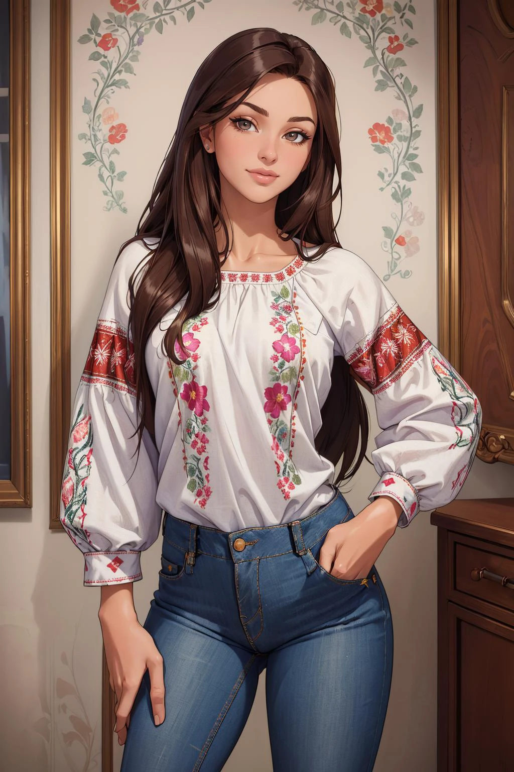 ((masterpiece,best quality,edgQuality)),(smile:0.8),
edgVyshivanka style embroidery, wearing edgVyshivanka, 1girl, solo, long hair, brown hair, shirt, pants, floral print, denim, hand in pocket, jeans,
<lora:edgVyshyvankaRediscovery:1>