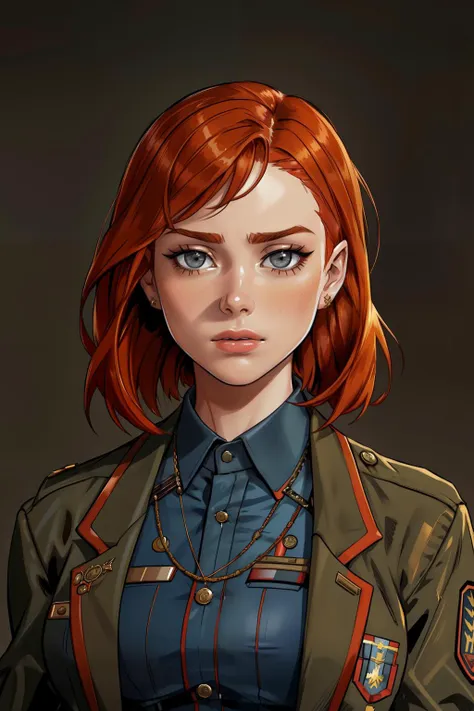 ,cherrynobodysd15,1girl,collared shirt ,realistic,, closed mouth,short hair ,military shirt formal, looking at viewersuit, military jacket, simple background, portrait,, , (by greg rutkowski style, hdr, intricate details, hyperdetailed)