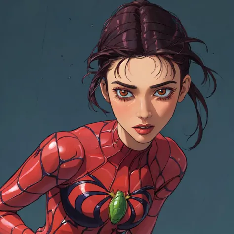 ((masterpiece,best quality,absurdres,beautiful,aesthetic,detailed,cell shading)), No-one8 a woman, woman wearing a spider woman outfit, 1girl, 2D