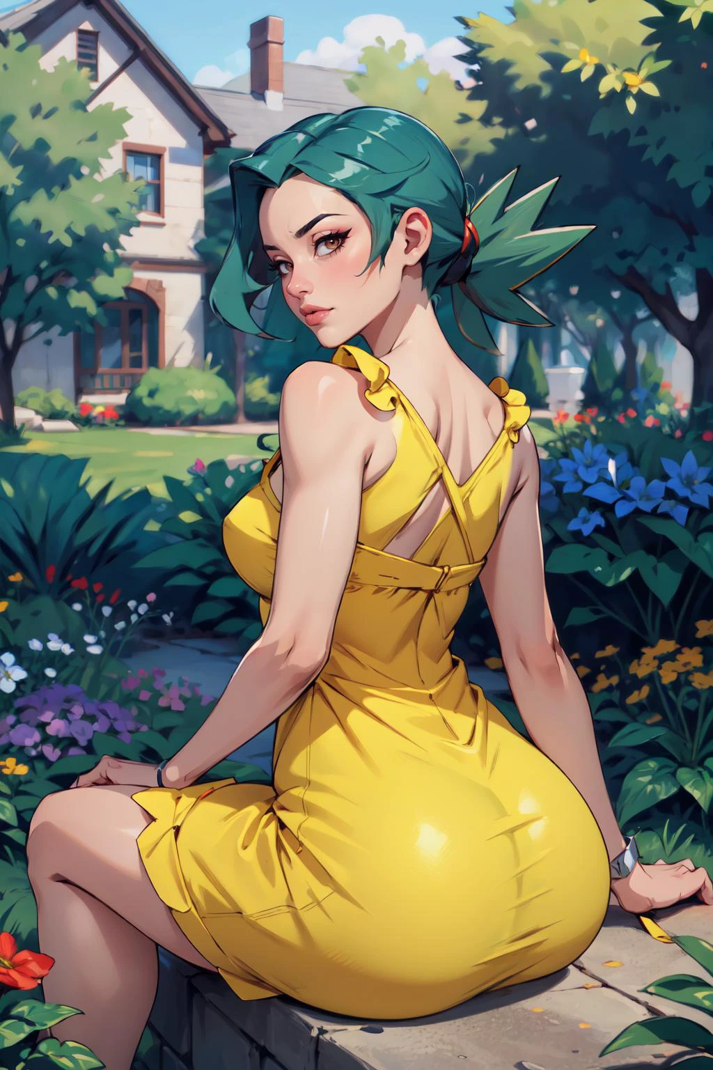 (masterpiece,best quality,edgQuality),edgYSD,outside,garden,flowers, sitting,jenny (pokemon),big booty,looking at viewer,woman wearing a yellow sundress,edgYSD <lora:PKMN_Jenny-DEF:0.7> <lora:edgChamYellowSundress:0.8>