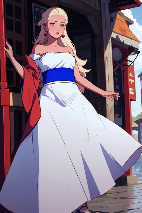 masterpiece, best quality, abstract, <lora:HaruSWVisions_V1-Manityro-dadpt:.9> HAlt, long hair, earrings, red robe, strapless, white shirt, blue sash, white skirt, long skirt