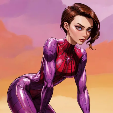 ((masterpiece,best quality,absurdres,beautiful,aesthetic,detailed,cell shading)), No-one24 a woman, woman wearing a spider woman outfit, 1girl, 2D