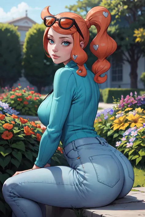 (masterpiece,best quality,edgQuality),outside,garden,flowers,sitting,1girl,sonia (pokemon),big booty,looking at viewer,,green sweater,jeans,sunglasses on hair  <lora:PKMN_Sonia-DEF:0.8>